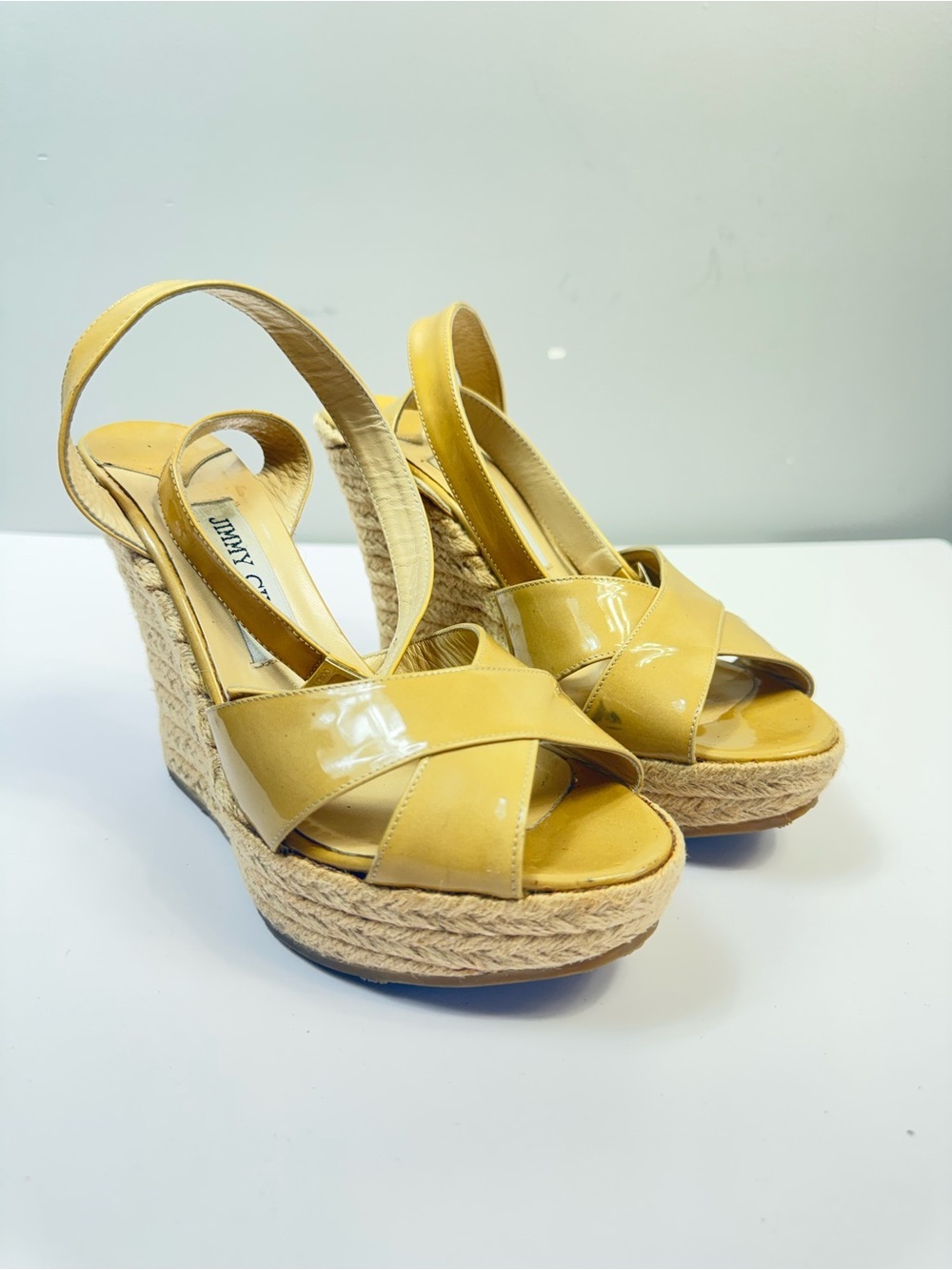 Jimmy Choo Patent Leather Espadrille Wedge Sandals Tan Gold IT 38 US 7